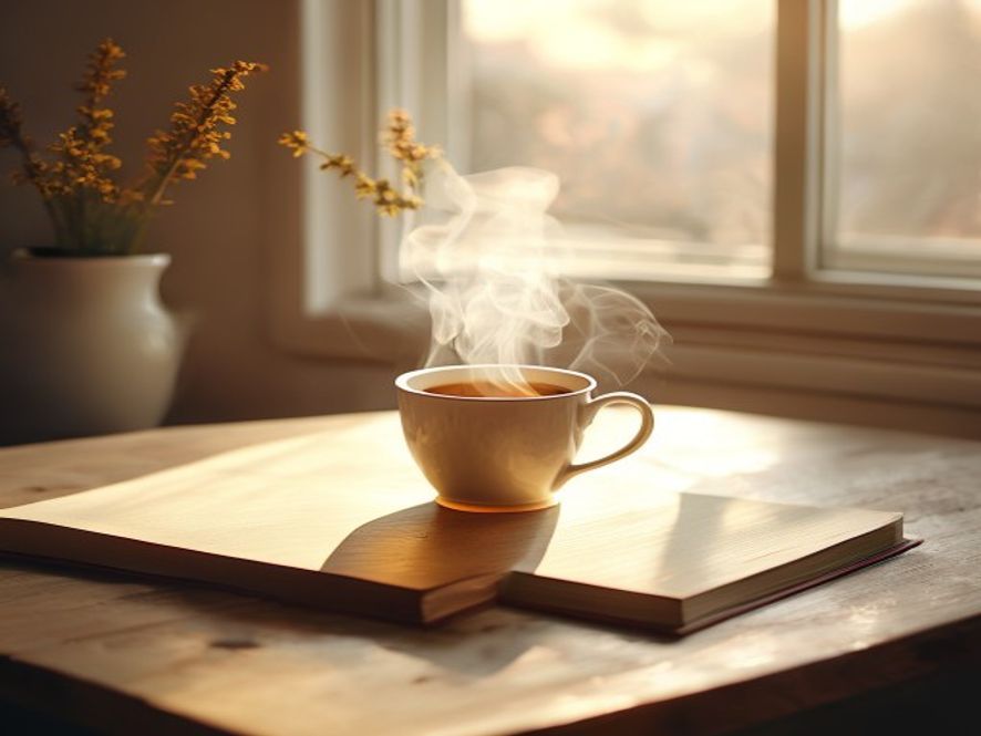 A notebook and warm cup on a wooden evening table